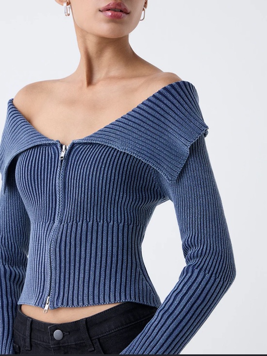 wild fable Sweaters - Dusty Blue Off-Shoulder Ribbed Cotton Sweater + Flare Slit pants set XS